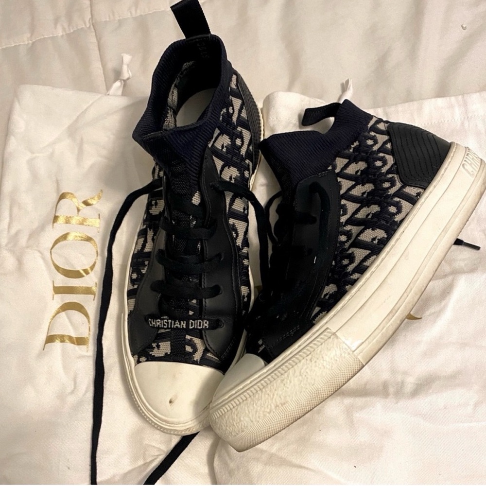 Dior Navy Blue and White Oblique Knit High-Top Sneakers
